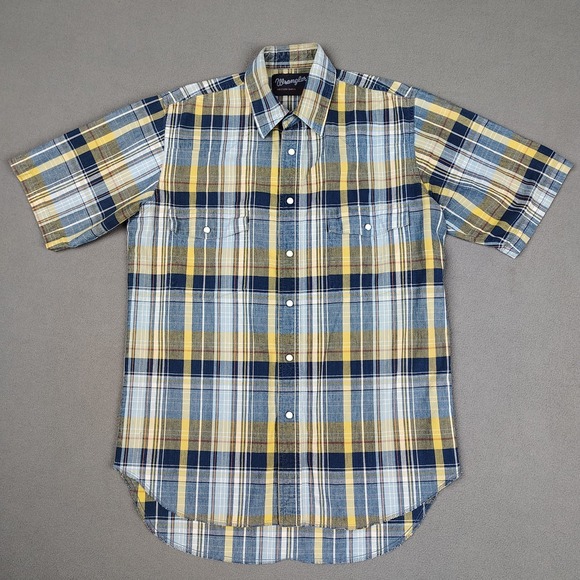 Wrangler Other - Vintage Wrangler Pearl Snap Short Sleeve Large Blue Yellow Plaid Heavy Long Tail